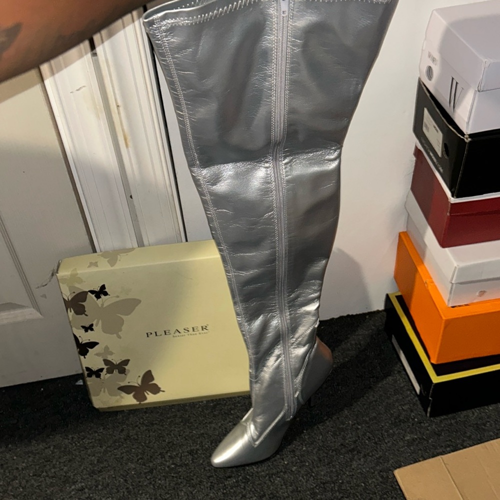 Thigh high silver boots
